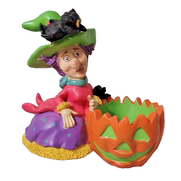 Vintage Ceramic Halloween Witch Pumpkin Candle Holder Planter Jack-O-Lantern Cat - Picture 1 of 8